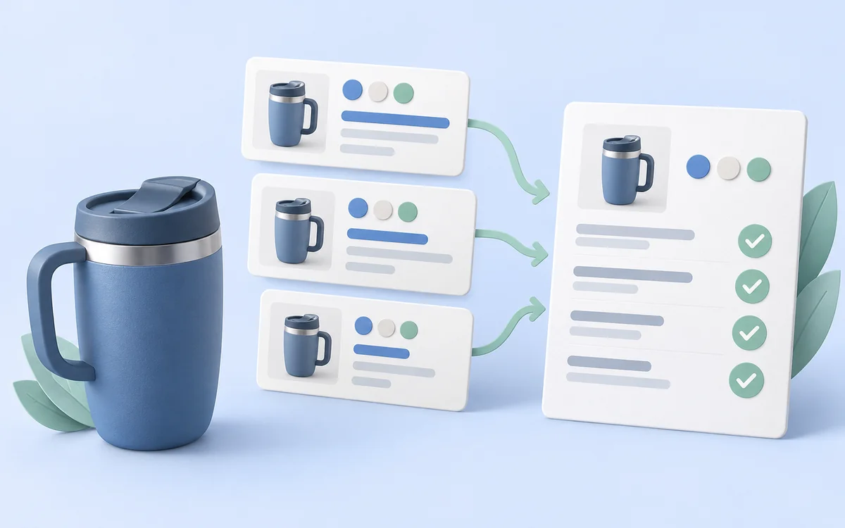 A travel mug, offer cards, and a product comparison sheet on a blue background