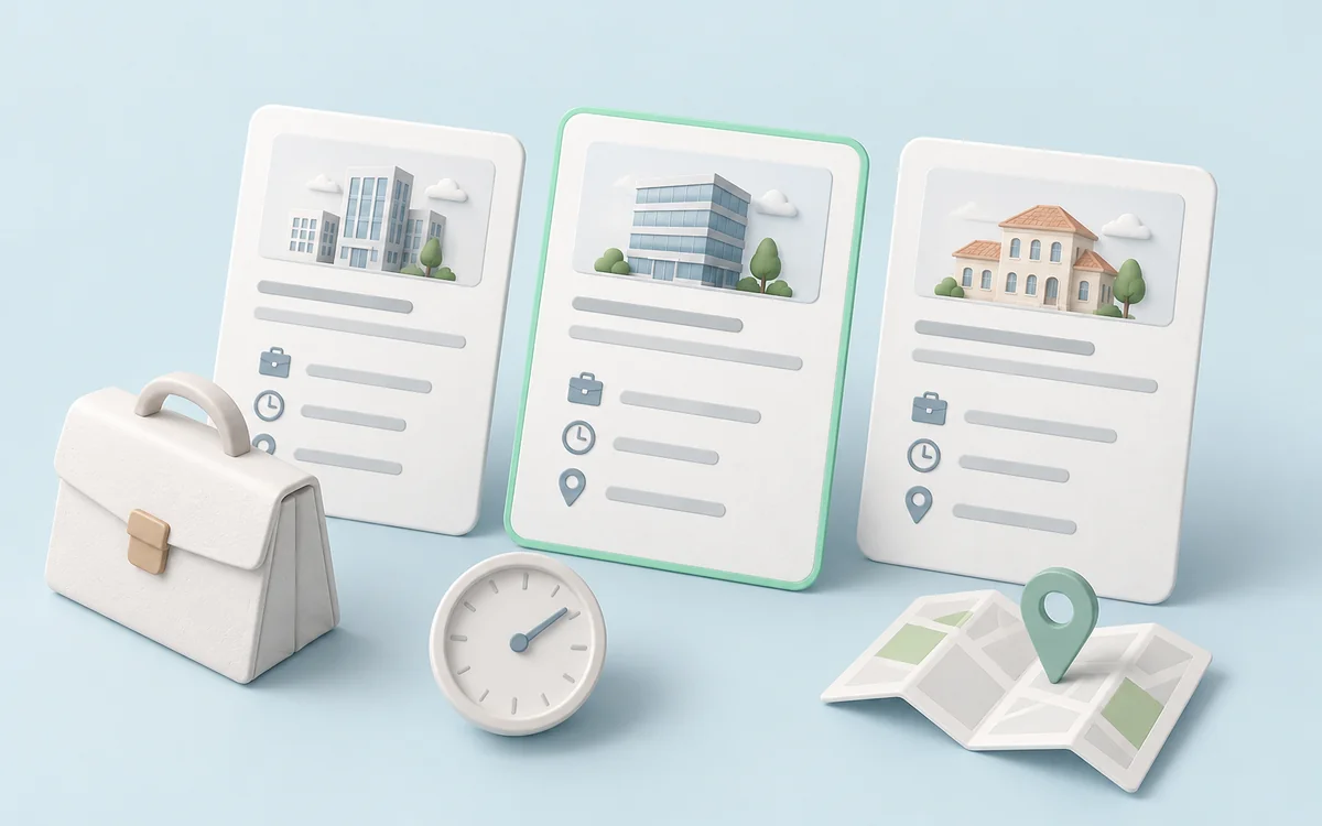 Job cards with a briefcase, clock, and city marker
