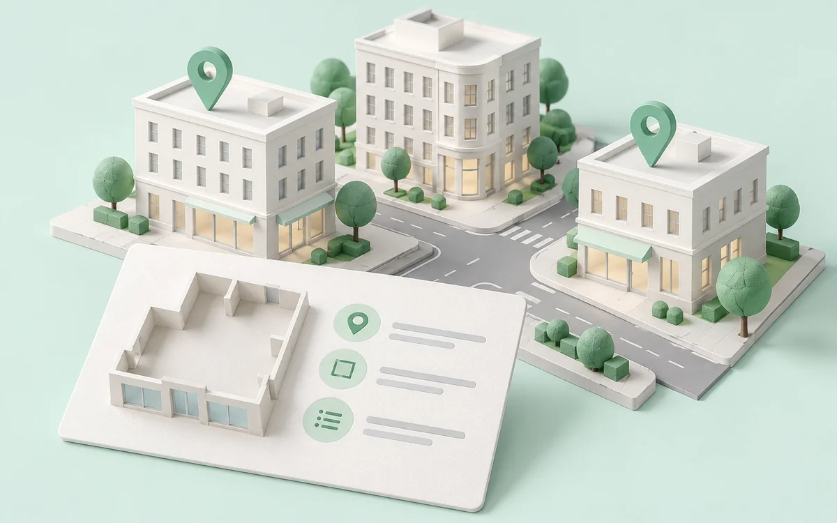 A paper city block with premises markers and a card of lease terms
