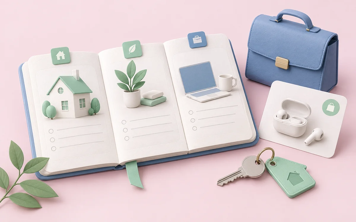 A personal planner with an apartment key, briefcase, and shopping card