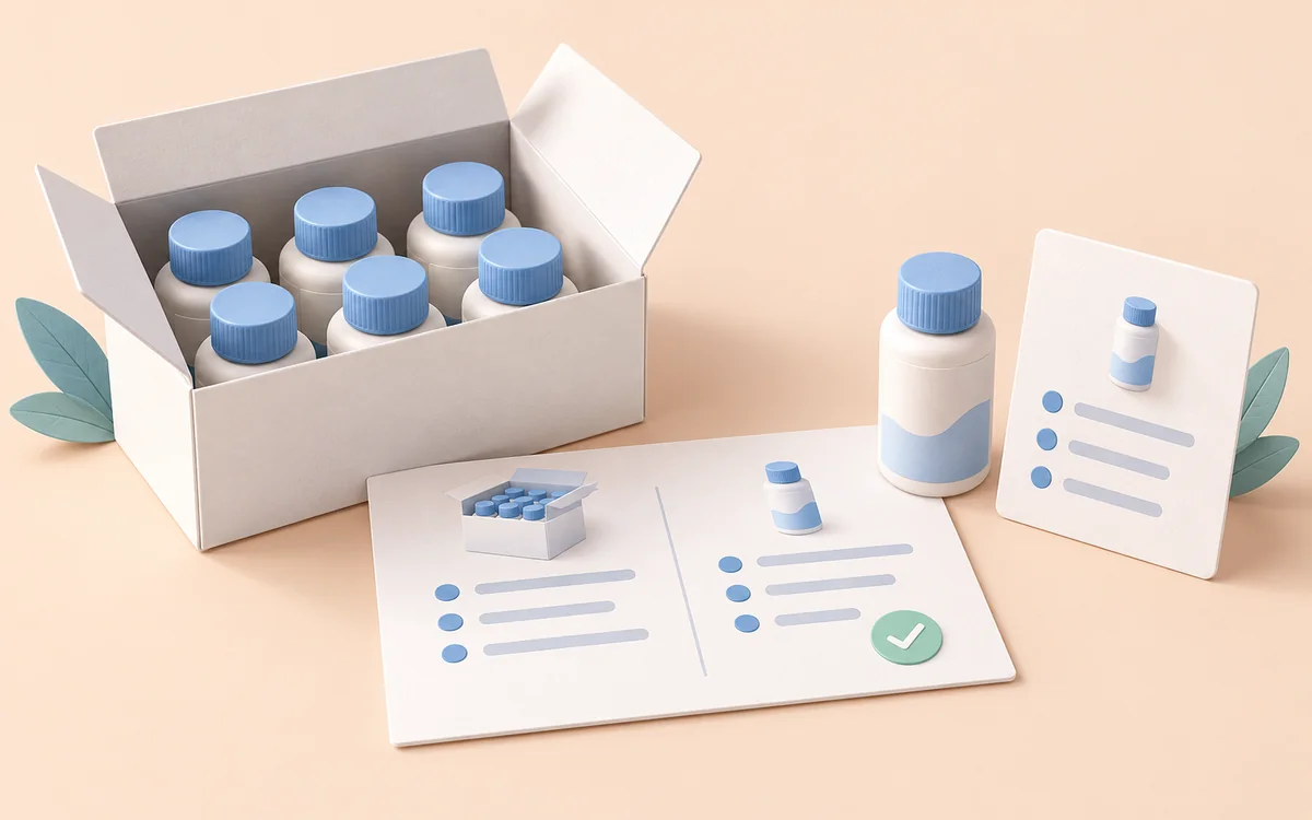 Product packages and a single unit beside a comparison sheet of purchasing terms