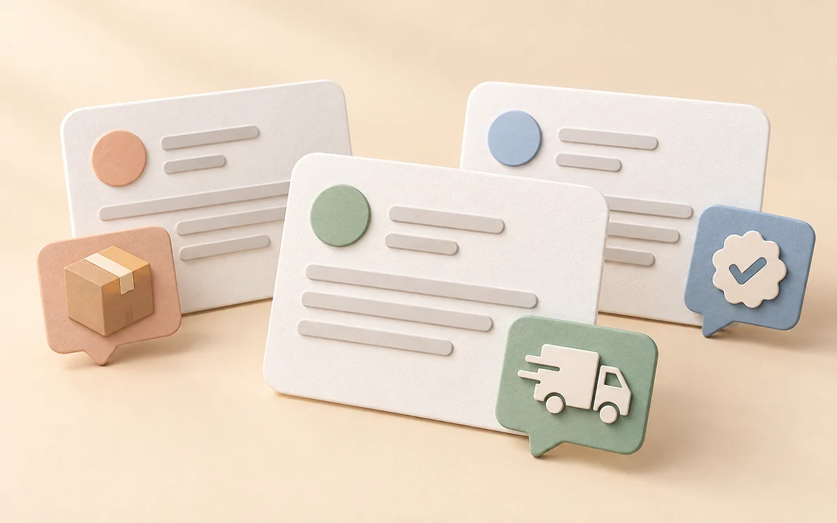 Review cards and delivery, packaging, and quality symbols on a sand-colored background