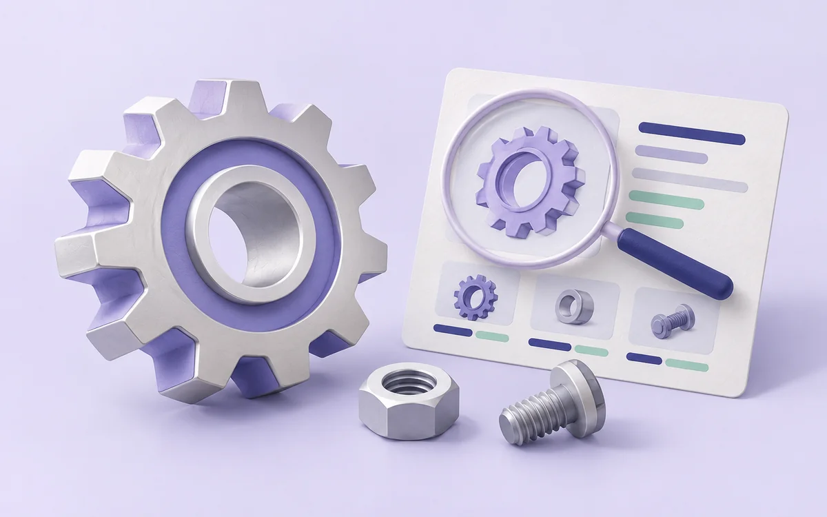 A gear, mechanical parts, and an SKU card under a magnifying lens