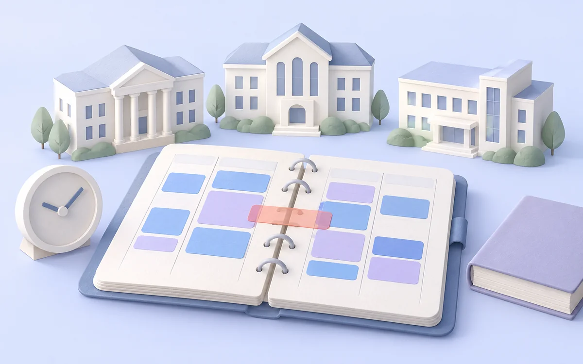 Several educational buildings, one lesson planner, and a highlighted schedule conflict